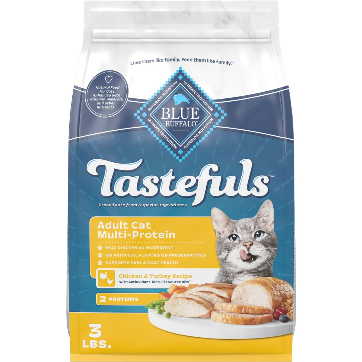 Blue Buffalo Tastefuls Adult Multi-Protein Chicken & Turkey Recipe with Antioxidant-Rich LifeSource Bits Dry Cat Food, 3-lb bag
