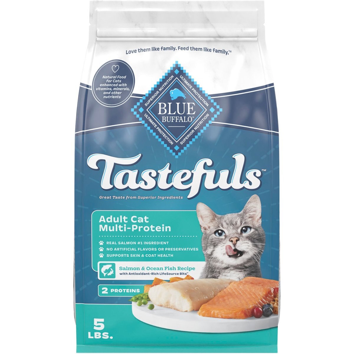 Blue Buffalo Tastefuls Adult Multi-Protein Salmon & Ocean Fish Recipe with Antioxidant-Rich LifeSource Bits Dry Cat Food, 5-lb bag