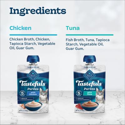 Show full view: Blue Buffalo Tastefuls Adult Natural Purees Variety Pack Chicken & Tuna Wet Cat Food, 3-oz pouch, case of 12 slide 6 of 11
