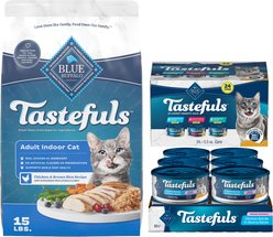 Blue Buffalo Tastefuls Chicken & Brown Rice Recipe Adult Indoor Dry Food, 15-lb bag + Tastefuls Tuna, Chicken, Fish & Shrimp Variety Pack Flaked Wet Food, 5.5-oz can, case of 24 + Tastefuls Natural Tender Morsels Chicken Entree Wet Cat Food, 5.5-oz can, case of 12 slide 1 of 9