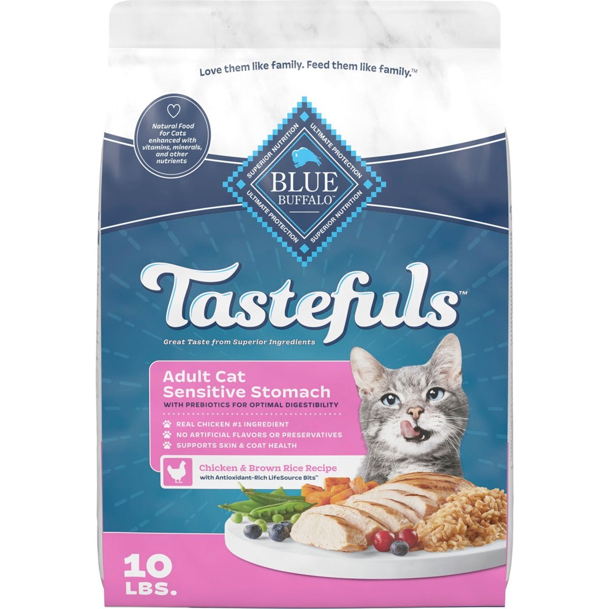Blue Buffalo Tastefuls Chicken & Brown Rice Recipe Sensitive Stomach Adult Dry Cat Food, 10-lb bag