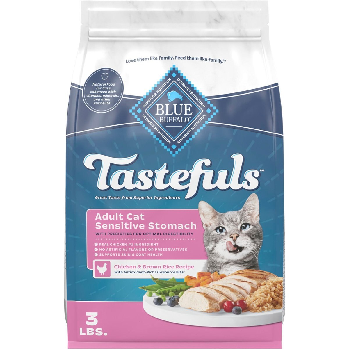 Blue Buffalo Tastefuls Chicken & Brown Rice Recipe Sensitive Stomach Adult Dry Cat Food, 3-lb bag