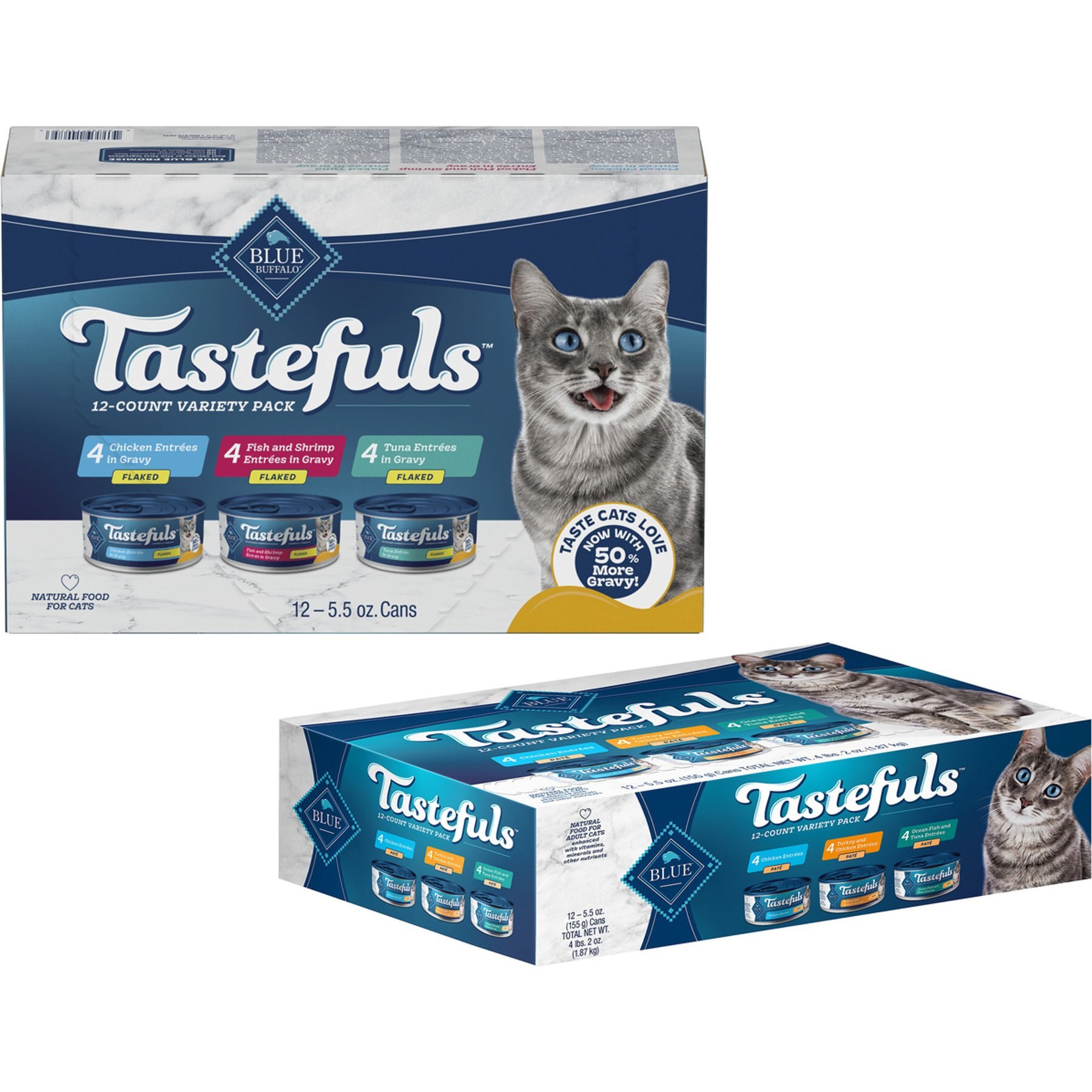 Blue Buffalo Tastefuls Chicken, Turkey & Chicken & Ocean Fish & Tuna Entrées Variety Pack Pate + Tuna, Chicken, Fish & Shrimp Entrées Variety Pack Flaked Wet Cat Food