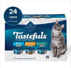Blue Buffalo Tastefuls Chicken, Turkey & Chicken, Ocean Fish & Tuna Entrees Variety Pack Pate Wet Cat Food, 5.5-oz can, case of 24