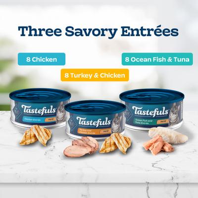 Show full view: Blue Buffalo Tastefuls Chicken, Turkey & Chicken, Ocean Fish & Tuna Entrees Variety Pack Pate Wet Cat Food, 5.5-oz can, case of 24 slide 4 of 12