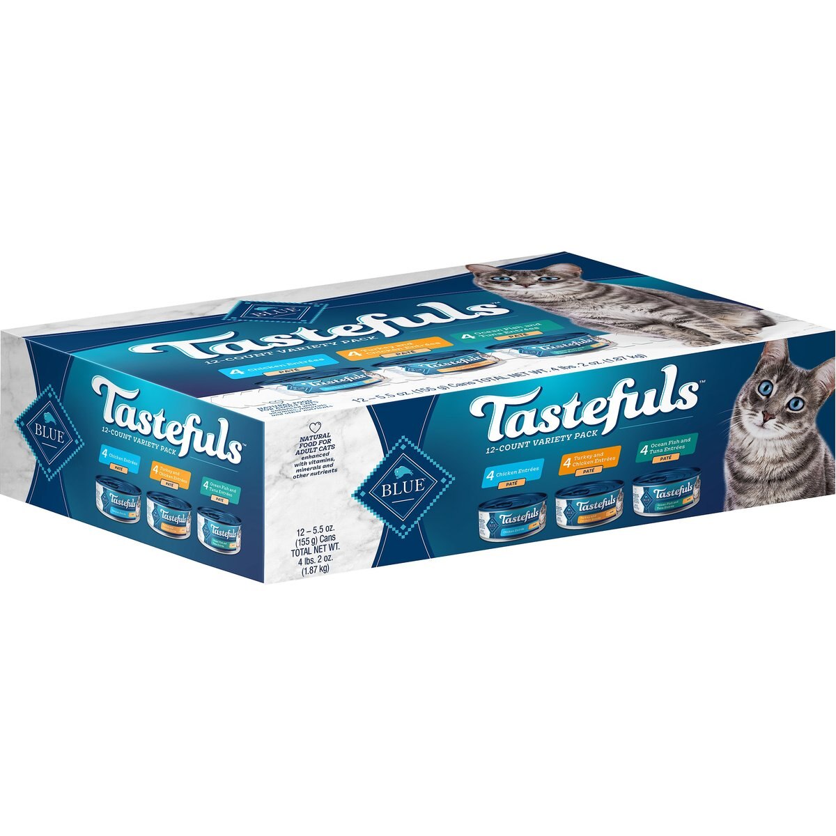Blue Buffalo Tastefuls Chicken, Turkey & Chicken & Ocean Fish & Tuna Entrées Variety Pack Pate Wet Cat Food, 5.5-oz can, case of 12