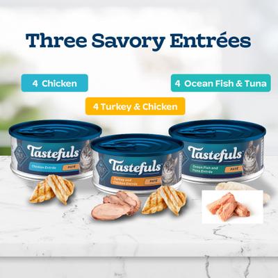 Show full view: Blue Buffalo Tastefuls Chicken, Turkey & Chicken & Ocean Fish & Tuna Entrées Variety Pack Pate Wet Cat Food, 5.5-oz can, case of 12 slide 5 of 11
