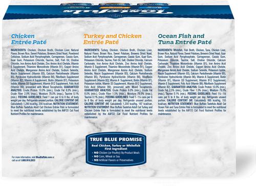 Show full view: Blue Buffalo Tastefuls Chicken, Turkey & Chicken & Ocean Fish & Tuna Entrées Variety Pack Pate Wet Cat Food, 5.5-oz can, case of 12 slide 3 of 11