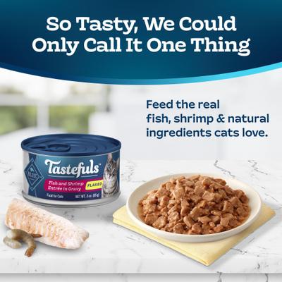 Show full view: Blue Buffalo Tastefuls Fish & Shrimp Entrée in Gravy Flaked Wet Cat Food, 3-oz can, case of 24 slide 4 of 11