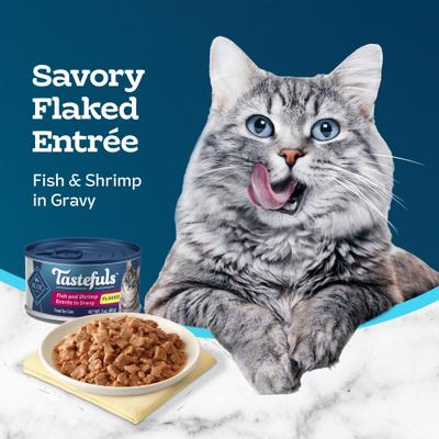 Show full view: Blue Buffalo Tastefuls Fish & Shrimp Entrée in Gravy Flaked Wet Cat Food, 3-oz can, case of 24 slide 5 of 11