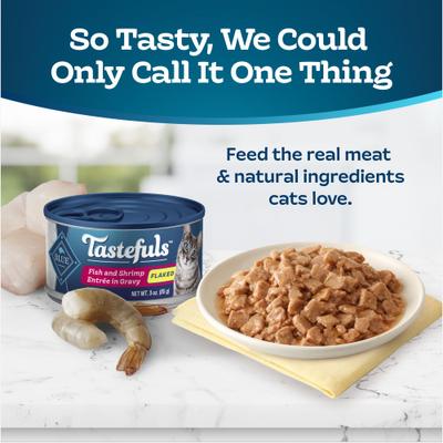 Show full view: Blue Buffalo Tastefuls Fish & Shrimp Entrée in Gravy Flaked Wet Cat Food, 3-oz can, case of 4 slide 3 of 11