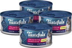 Blue Buffalo Tastefuls Fish & Shrimp Entrée in Gravy Flaked Wet Cat Food, 3-oz can, case of 4