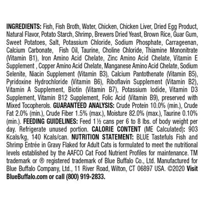 Show full view: Blue Buffalo Tastefuls Natural Flaked Fish & Shrimp Entree in Gravy Wet Cat Food, 5.5-oz can, case of 12 slide 3 of 10