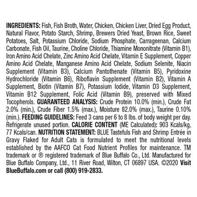 Show full view: Blue Buffalo Tastefuls Natural Flaked Wet Fish & Shrimp Entree in Gravy Cat Food, 3-oz can, case of 12 slide 3 of 9