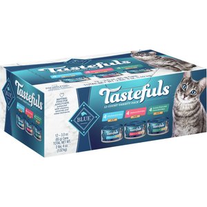 Blue Buffalo Tastefuls Salmon, Chicken, Ocean Fish & Tuna Entrées Variety Pack Pate Wet Cat Food, 3-oz can, case of 12