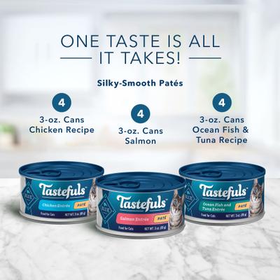 Show full view: Blue Buffalo Tastefuls Salmon, Chicken, Ocean Fish & Tuna Entrées Variety Pack Pate Wet Cat Food, 3-oz can, case of 12 slide 4 of 10