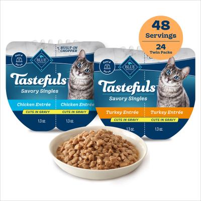 Show full view: Blue Buffalo Tastefuls Savory Singles Chicken & Turkey Variety Pack in Gravy Wet Cat Food, 2.6-oz cup, 24 count slide 1 of 10