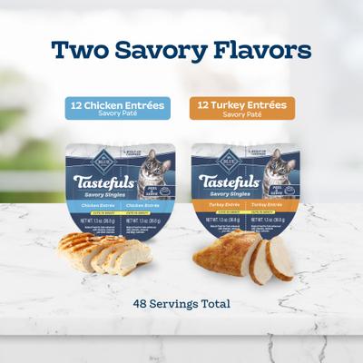 Show full view: Blue Buffalo Tastefuls Savory Singles Chicken & Turkey Variety Pack in Gravy Wet Cat Food, 2.6-oz cup, 24 count slide 5 of 10