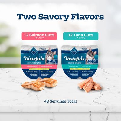 Show full view: Blue Buffalo Tastefuls Savory Singles Salmon & Tuna Cuts in Gravy Variety Pack Wet Cat Food, 2.6-oz twin trays, case of 24 slide 4 of 11