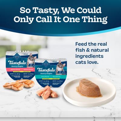 Show full view: Blue Buffalo Tastefuls Savory Singles Salmon & Tuna Cuts in Gravy Variety Pack Wet Cat Food, 2.6-oz twin trays, case of 24 slide 5 of 11