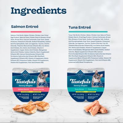Show full view: Blue Buffalo Tastefuls Savory Singles Salmon & Tuna Cuts in Gravy Variety Pack Wet Cat Food, 2.6-oz twin trays, case of 24 slide 6 of 11