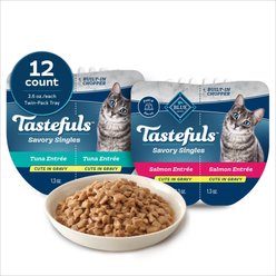 Blue Buffalo Tastefuls Savory Singles Salmon & Tuna Variety Pack Cuts in Gravy Wet Cat Food, 2.6-oz twin pack, case of 12