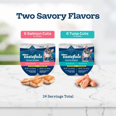 Show full view: Blue Buffalo Tastefuls Savory Singles Salmon & Tuna Variety Pack Cuts in Gravy Wet Cat Food, 2.6-oz twin pack, case of 12 slide 5 of 11