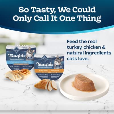 Show full view: Blue Buffalo Tastefuls Spoonless Singles Chicken & Turkey Entree Variety Pack Adult Pate Wet Cat Food, 2.6-oz twin pack, case of 12 slide 4 of 11