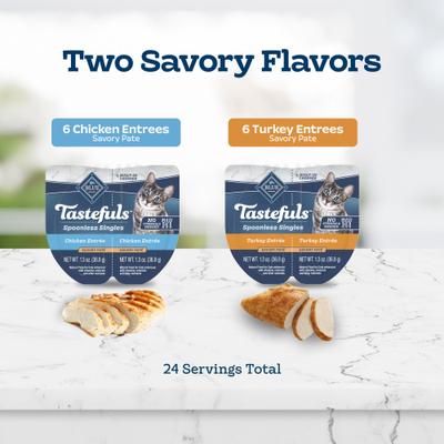 Show full view: Blue Buffalo Tastefuls Spoonless Singles Chicken & Turkey Entree Variety Pack Adult Pate Wet Cat Food, 2.6-oz twin pack, case of 12 slide 5 of 11