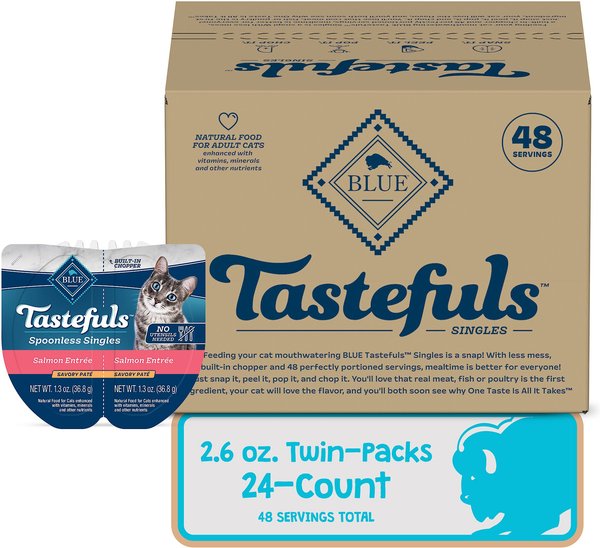 Blue Buffalo Tastefuls Spoonless Singles Whitefish, Tuna & Salmon Entree Variety Pack Adult Pate Wet Cat Food, 2.6-oz twin pack, case of 12
