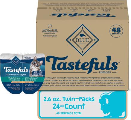 Show full view: Blue Buffalo Tastefuls Spoonless Singles White Fish & Tuna Entree Pate Adult Cat Food, 2.6-oz cup, case of 24 slide 4 of 11