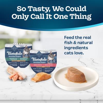 Show full view: Blue Buffalo Tastefuls Spoonless Singles Whitefish, Tuna & Salmon Entree Variety Pack Adult Pate Wet Cat Food, 2.6-oz twin pack, case of 12 slide 4 of 11