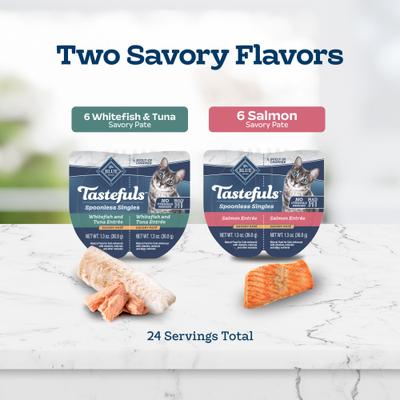 Show full view: Blue Buffalo Tastefuls Spoonless Singles Whitefish, Tuna & Salmon Entree Variety Pack Adult Pate Wet Cat Food, 2.6-oz twin pack, case of 12 slide 5 of 11