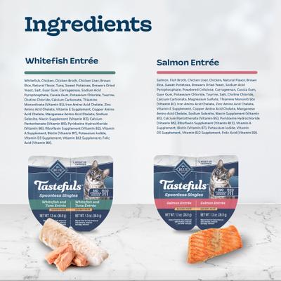Show full view: Blue Buffalo Tastefuls Spoonless Singles Whitefish, Tuna & Salmon Entree Variety Pack Adult Pate Wet Cat Food, 2.6-oz twin pack, case of 12 slide 6 of 11
