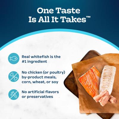 Show full view: Blue Buffalo Tastefuls Spoonless Singles Whitefish, Tuna & Salmon Entree Variety Pack Adult Pate Wet Cat Food, 2.6-oz twin pack, case of 12 slide 7 of 11