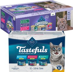 Blue Buffalo Tastefuls Tuna, Chicken, Fish & Shrimp Entrées Variety Pack Flaked Wet Food + Wilderness Pate Variety Pack Duck, Chicken & Salmon Grain-Free Cat Canned Food