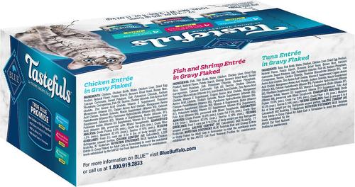 Show full view: Blue Buffalo Tastefuls Tuna, Chicken, Fish & Shrimp Entrées Variety Pack Flaked Wet Food + Wilderness Pate Variety Pack Duck, Chicken & Salmon Grain-Free Cat Canned Food slide 3 of 10