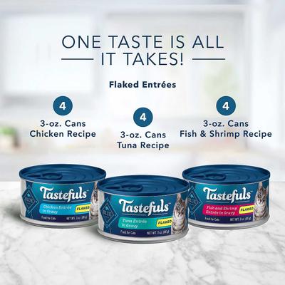 Show full view: Blue Buffalo Tastefuls Tuna, Chicken, Fish & Shrimp Entrées Variety Pack Flaked Wet Food + Wilderness Pate Variety Pack Duck, Chicken & Salmon Grain-Free Cat Canned Food slide 4 of 10