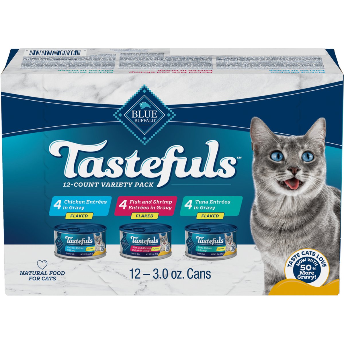 Blue Buffalo Tastefuls Tuna, Chicken, Fish & Shrimp Variety Pack Flaked Canned Cat Food, 3-oz can, case of 12