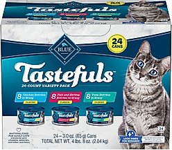 Blue Buffalo Tastefuls Tuna, Chicken, Fish & Shrimp Variety Pack Flaked Canned Cat Food, 3-oz can, case of 24