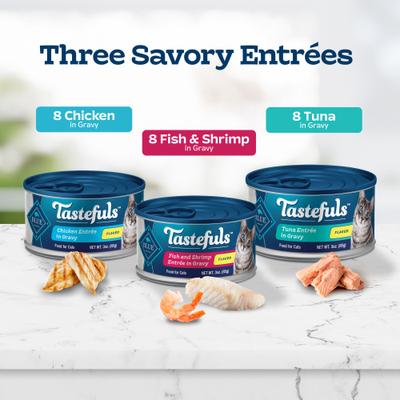 Show full view: Blue Buffalo Tastefuls Tuna, Chicken, Fish & Shrimp Variety Pack Flaked Canned Cat Food, 3-oz can, case of 24 slide 5 of 11