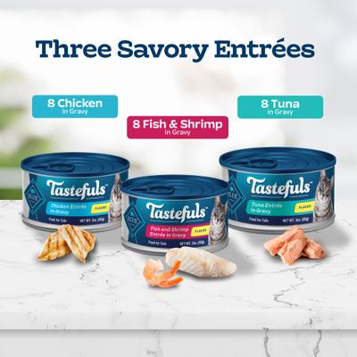 Show full view: Blue Buffalo Tastefuls Tuna, Chicken, Fish & Shrimp Variety Pack Flaked Wet Cat Food, 5.5-oz can, case of 24 slide 4 of 12