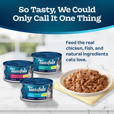 Show full view: Blue Buffalo Tastefuls Tuna, Chicken, Fish & Shrimp Variety Pack Flaked Wet Cat Food, 5.5-oz can, case of 24 slide 5 of 12