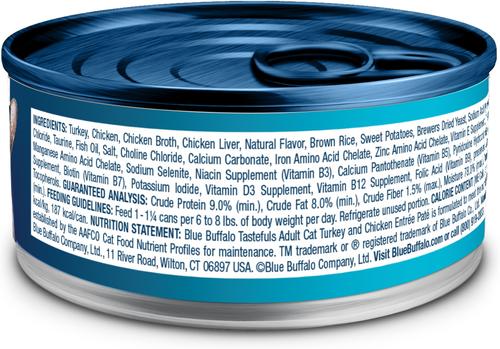 Show full view: Blue Buffalo Tastefuls Turkey & Chicken Entrée Pate Wet Cat Food, 5.5-oz can, case of 24 slide 3 of 10