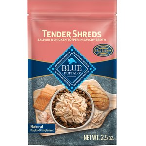 Blue Buffalo Tender Shreds Salmon & Chicken Toppers in Savory Broth, Wet Dog Food, 2.5-oz bag, 24 count