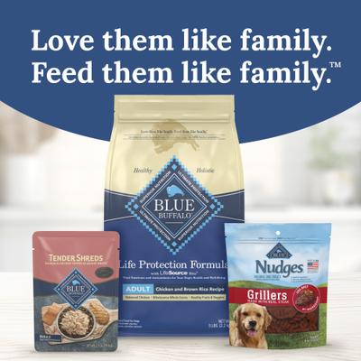 Show full view: Blue Buffalo Tender Shreds Salmon & Chicken Toppers in Savory Broth, Wet Dog Food, 2.5-oz bag, 24 count slide 9 of 11