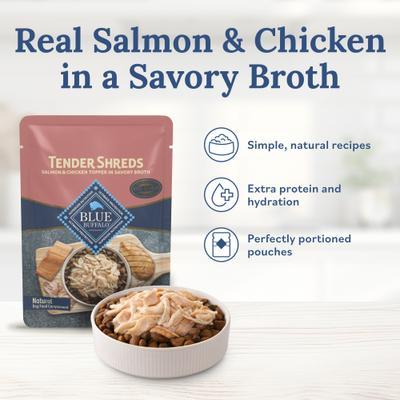 Show full view: Blue Buffalo Tender Shreds Salmon & Chicken Toppers in Savory Broth, Wet Dog Food, 2.5-oz bag, 24 count slide 5 of 11