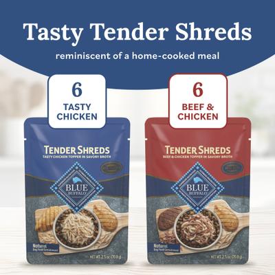 Show full view: Blue Buffalo Tender Shreds Variety Pack Tasty Beef & Chicken Topper Wet Dog Food, 2.5-oz bag, 12 count slide 4 of 11