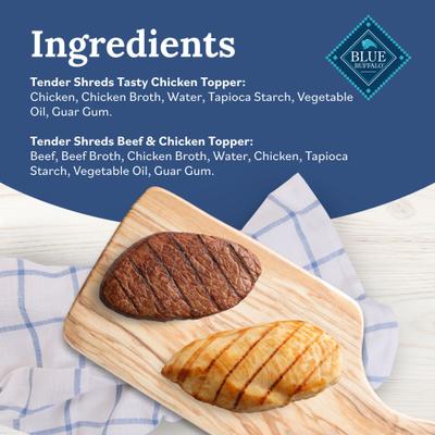 Show full view: Blue Buffalo Tender Shreds Variety Pack Tasty Beef & Chicken Topper Wet Dog Food, 2.5-oz bag, 12 count slide 6 of 11
