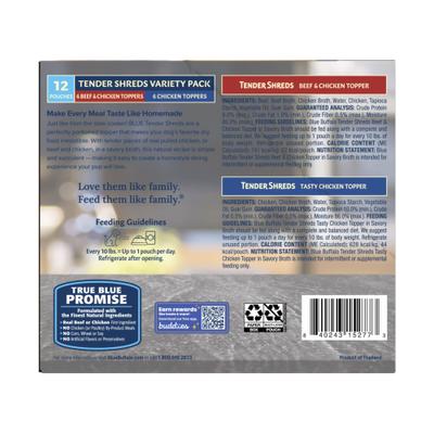 Show full view: Blue Buffalo Tender Shreds Variety Pack Tasty Beef & Chicken Topper Wet Dog Food, 2.5-oz bag, 12 count slide 3 of 11